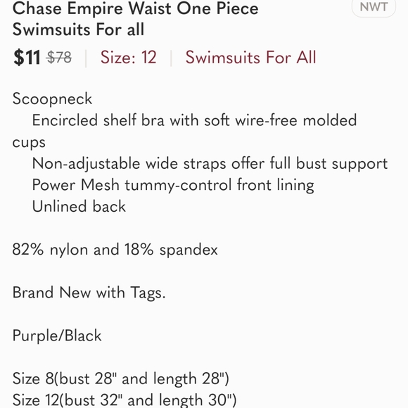 One Piece Swimsuit NWT Purple Black Size 12 Empire Waist - Picture 3 of 3